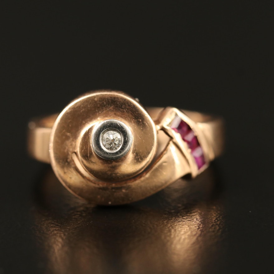 Retro 14K Diamond and Ruby Ring with Palladium Bezel