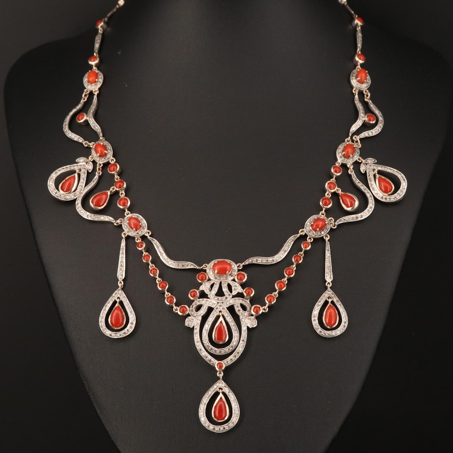 14K and Sterling Silver Coral and 4.51 CTW Diamond Festoon Necklace