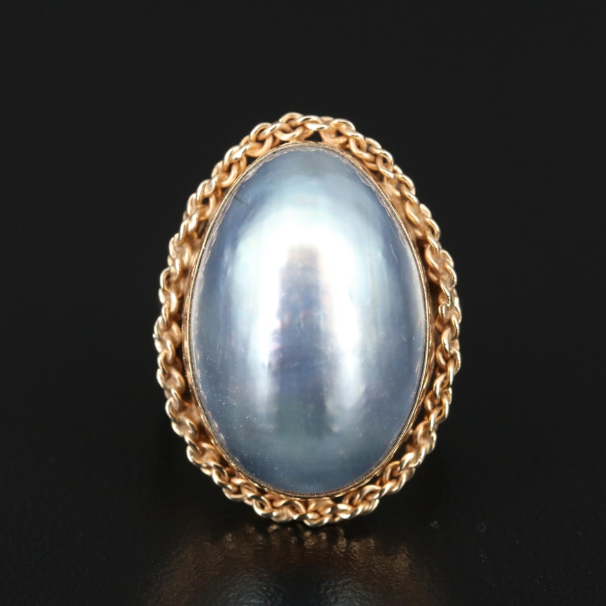 14K Mabé Pearl Ring with Chain Accent