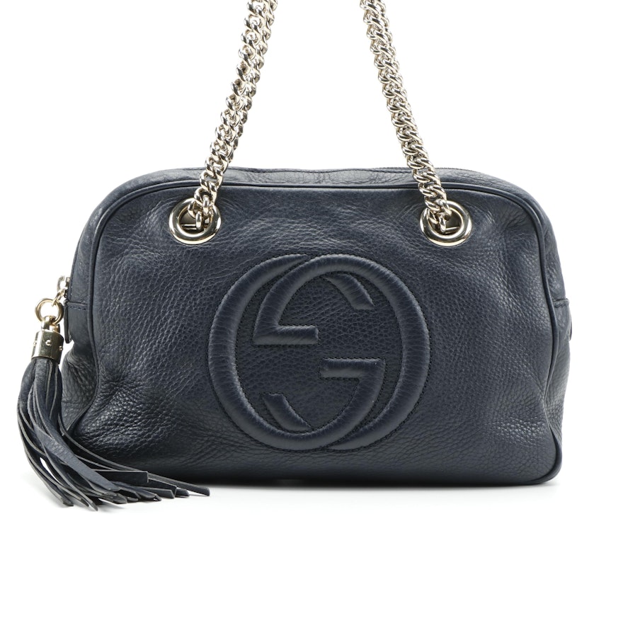 Gucci Small Soho Shoulder Bag in Navy Leather with Tassel and Chain Strap