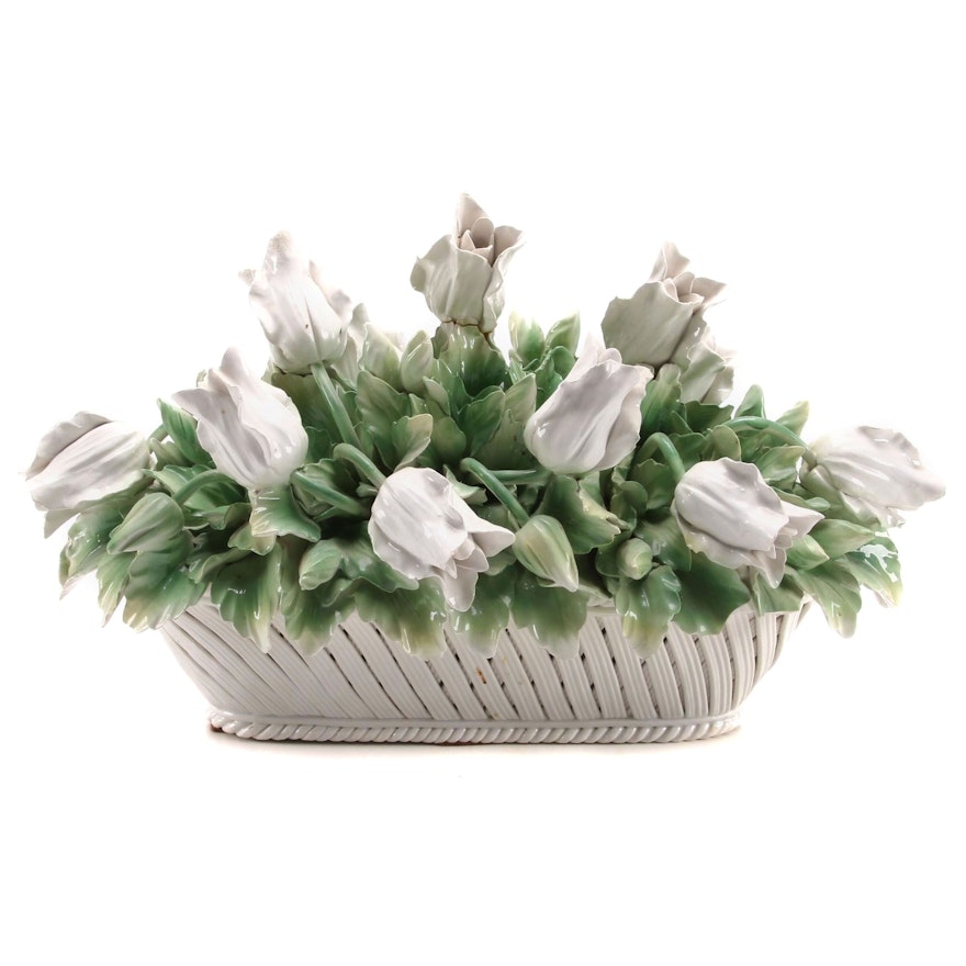 Italian Capodimonte Style Porcelain White Tulip Arrangement, Mid to Late 20th C.
