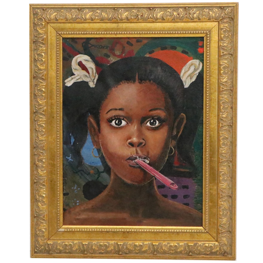 Oil Painting of Young Girl Brushing her Teeth, Late 20th Century