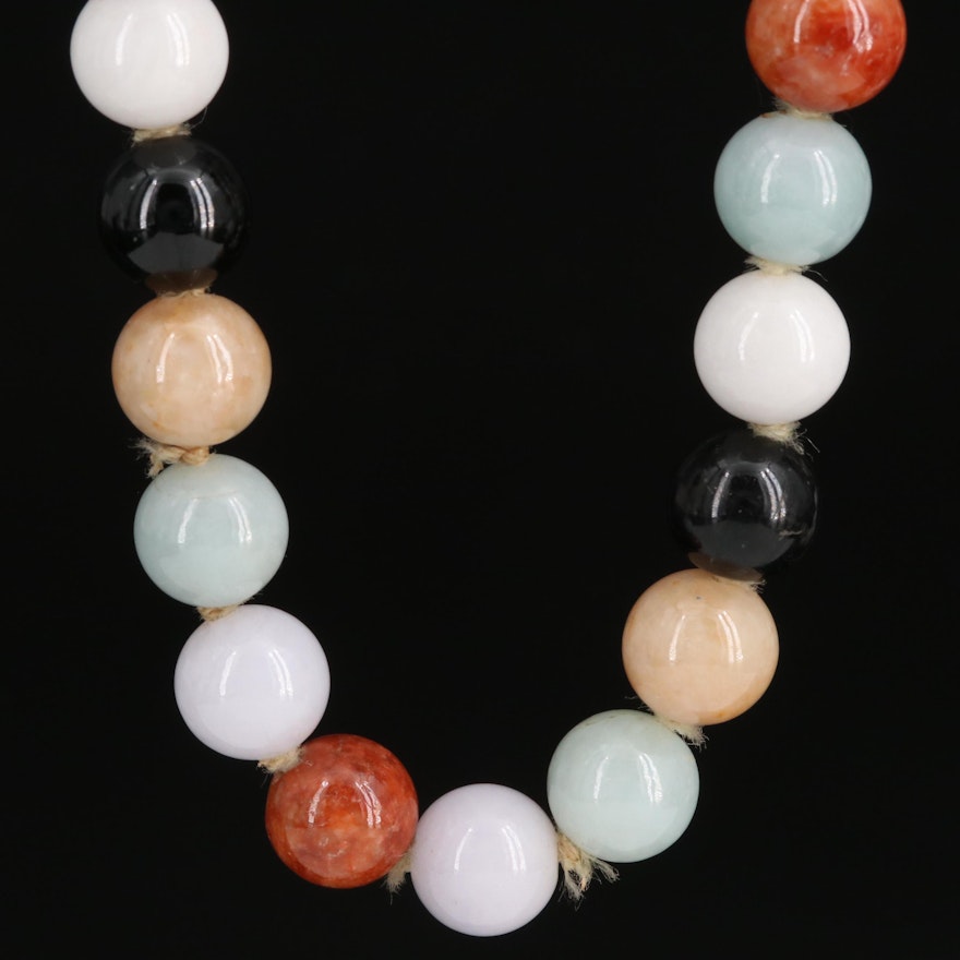 Individually Knotted Jadeite and Black Onyx Necklace with 14K Flower Clasp