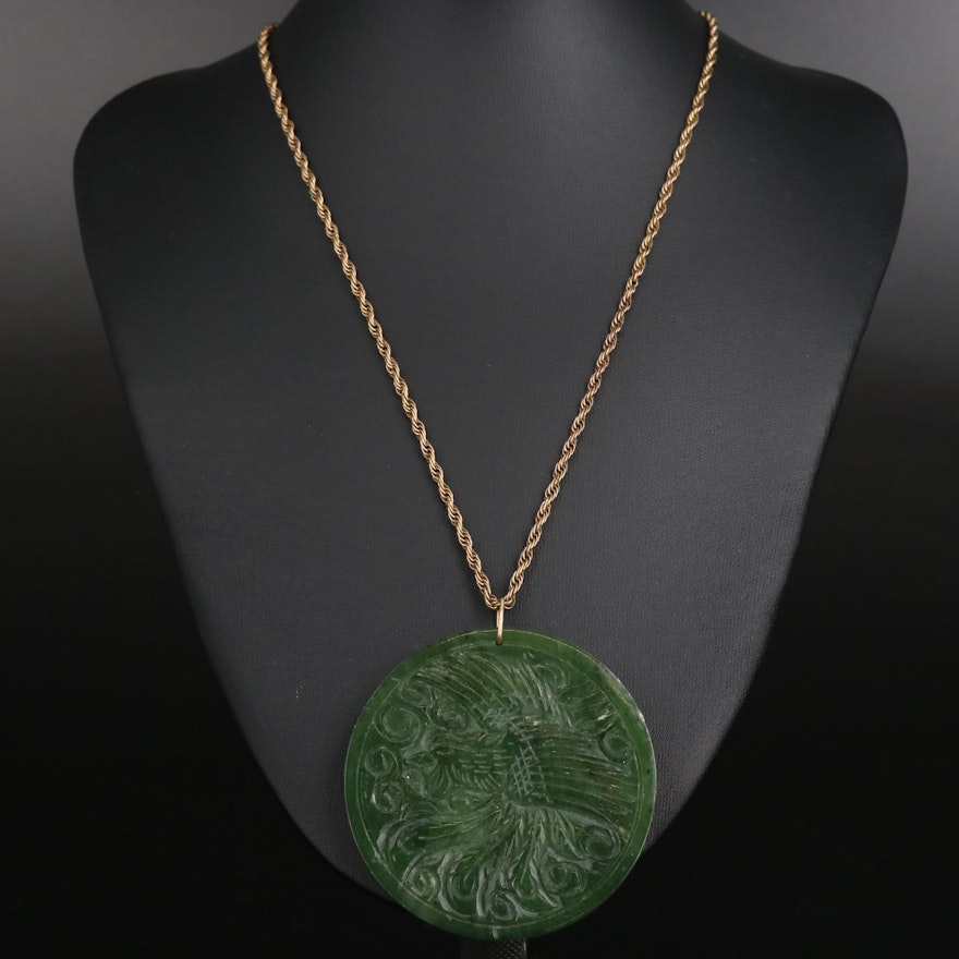 Carved Nephrite Dragon and Phoenix Necklace