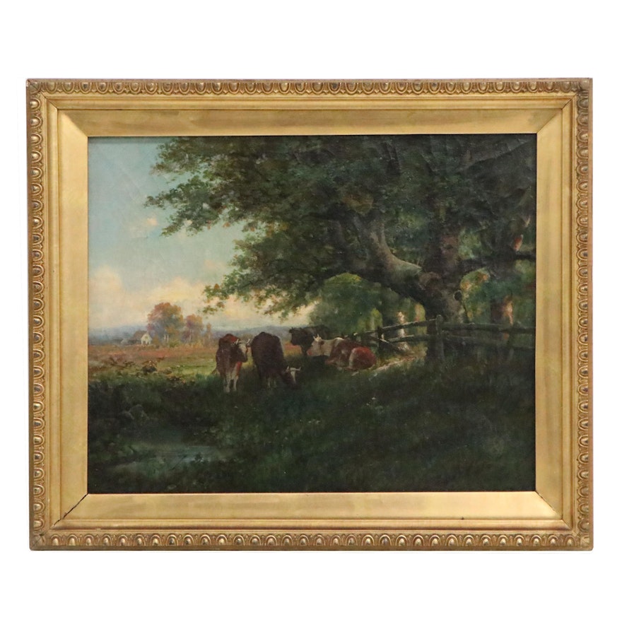 Oil Painting of Pastoral Landscape with Cows, Late 19th Century