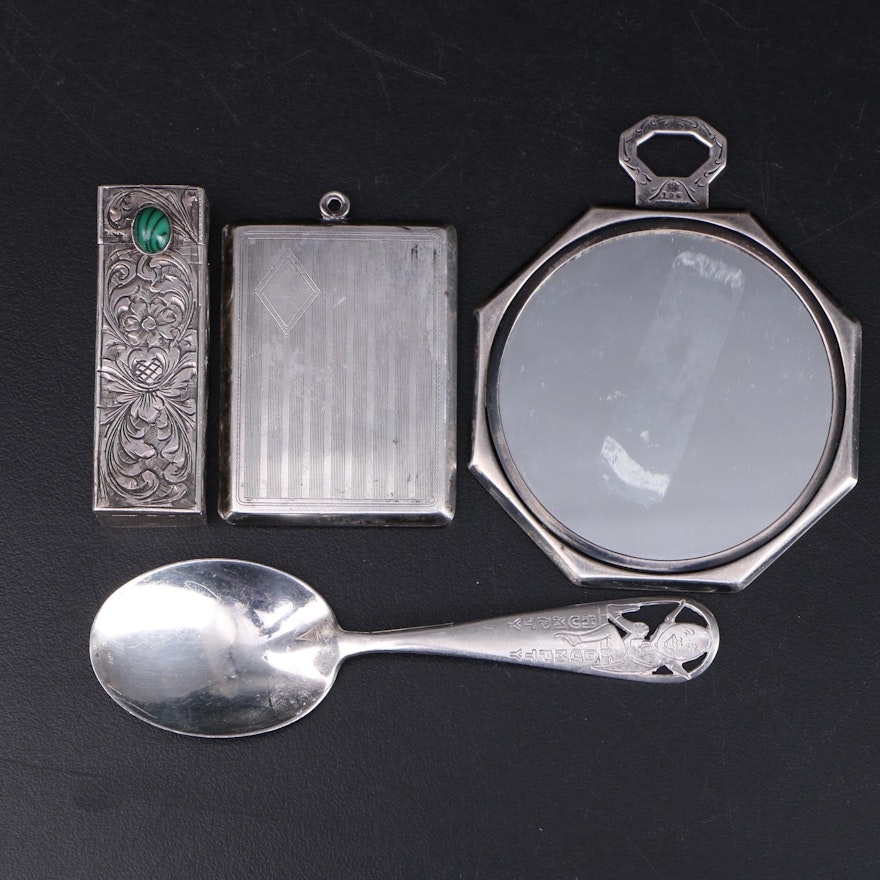 Italian 800 Silver Lipstick Case with other Sterling Vanity Items and Baby Spoon