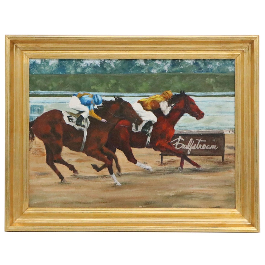 Oil Painting of Jockeys at the Finish Line, Late 20th Century