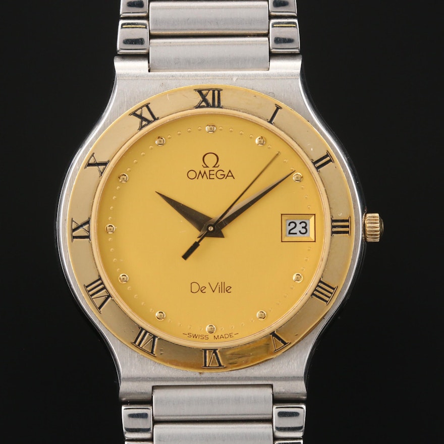 18K Omega DeVille with Date Stainless Steel Quartz Wristwatch