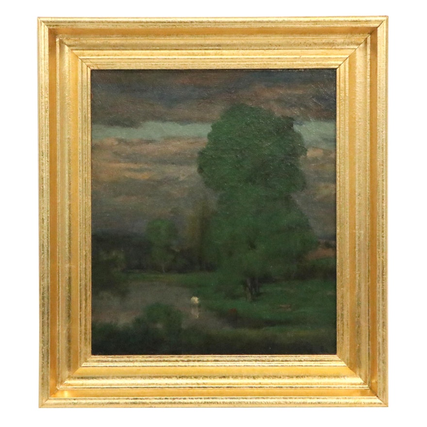 Oil Painting of Landscape at Dusk, 20th Century