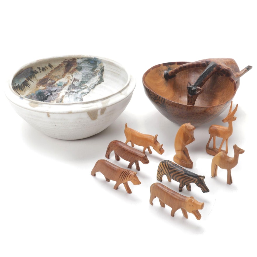 Carved Wood Giraffe Bowl with Animal Figurines and Pictorial Ceramic Bowl