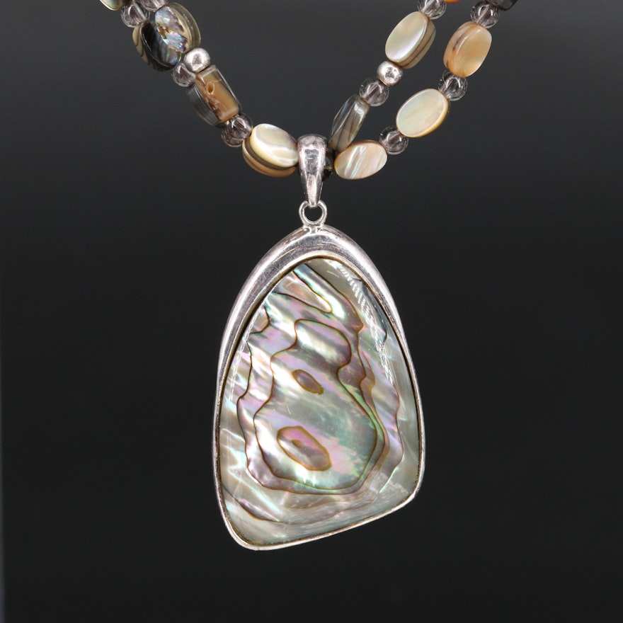 Abalone and Smoky Quartz Pendant Multi-Strand Necklace with Sterling Clasp