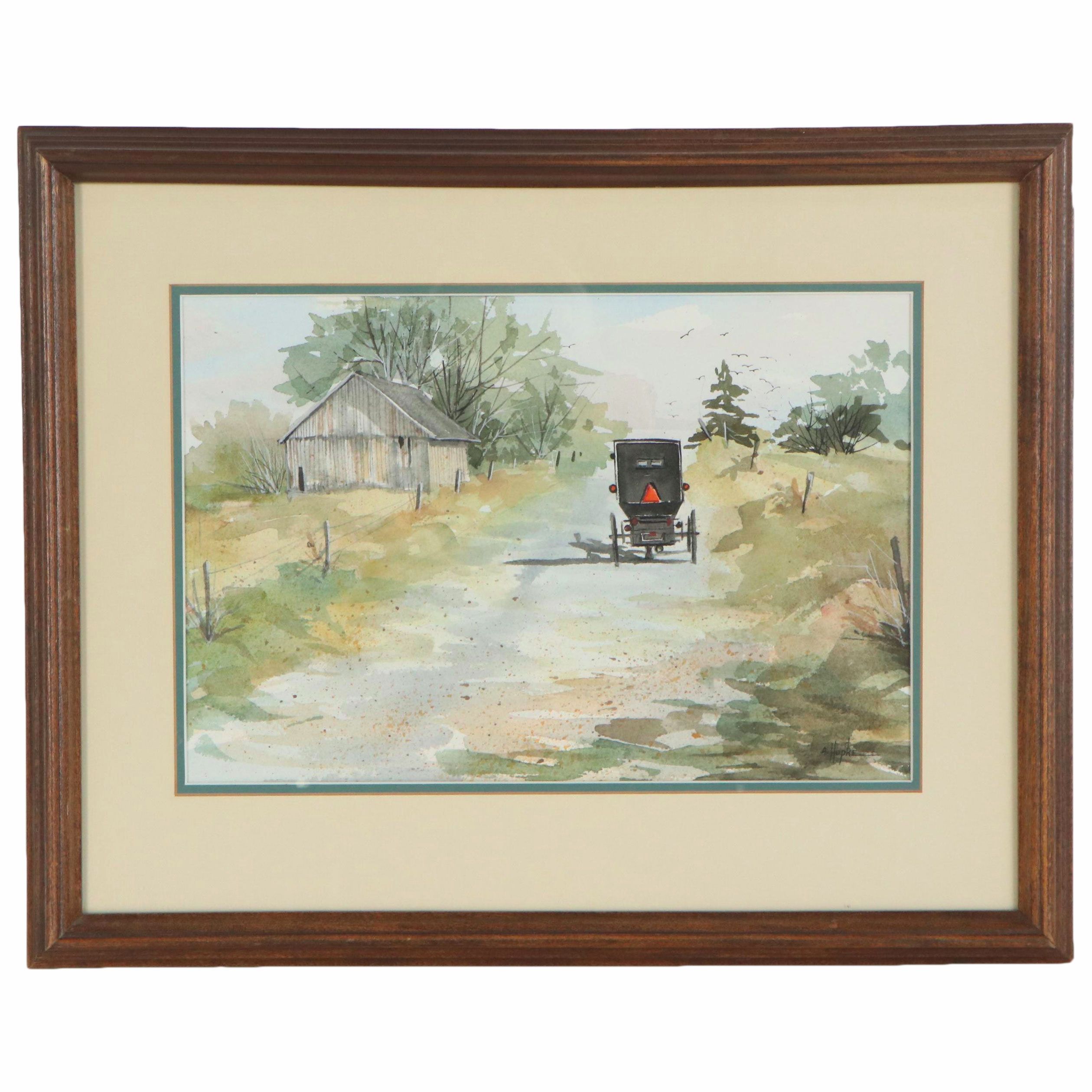 Ann M. Hupke Watercolor Painting of Buggy in Rural Landscape, Late 20th Century