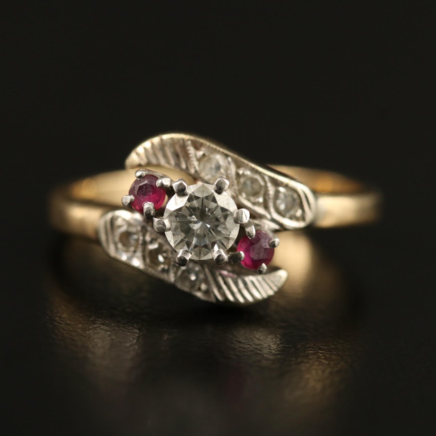 14K Diamond and Ruby Bypass Ring