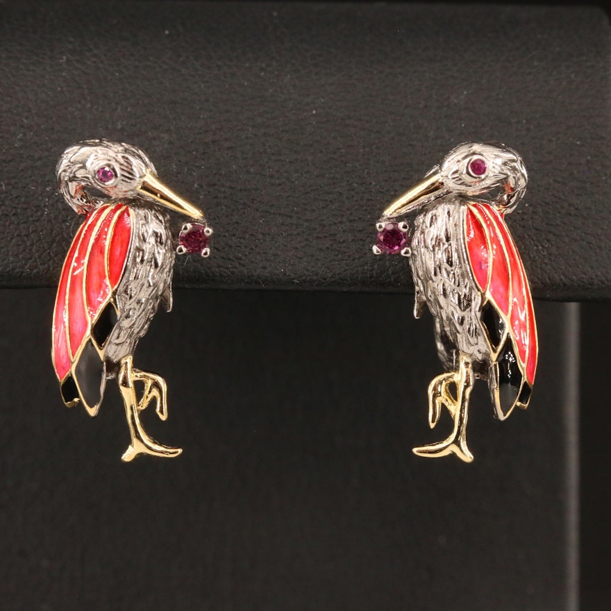 Sterling Silver Sapphire, Garnet and Enamel Flamingo Motif Earrings