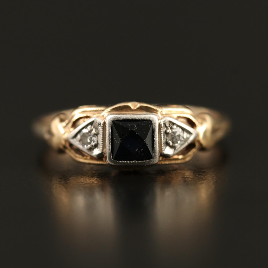 Vintage 10K Sapphire and Diamond with Palladium Accent Ring