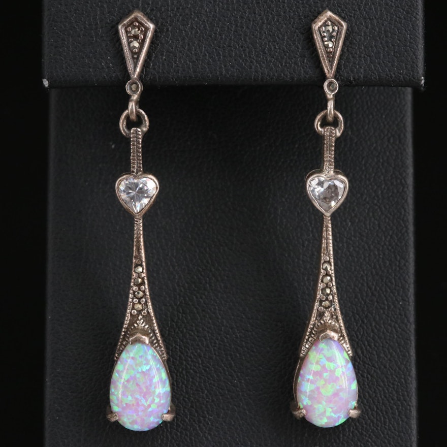 Sterling Silver Earrings with Opal, Cubic Zirconia and Marcasite