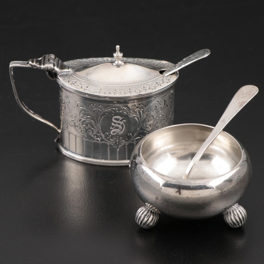 Josiah Williams & Co. Sterling Salt Cellar and Spoon with English Mustard Pot