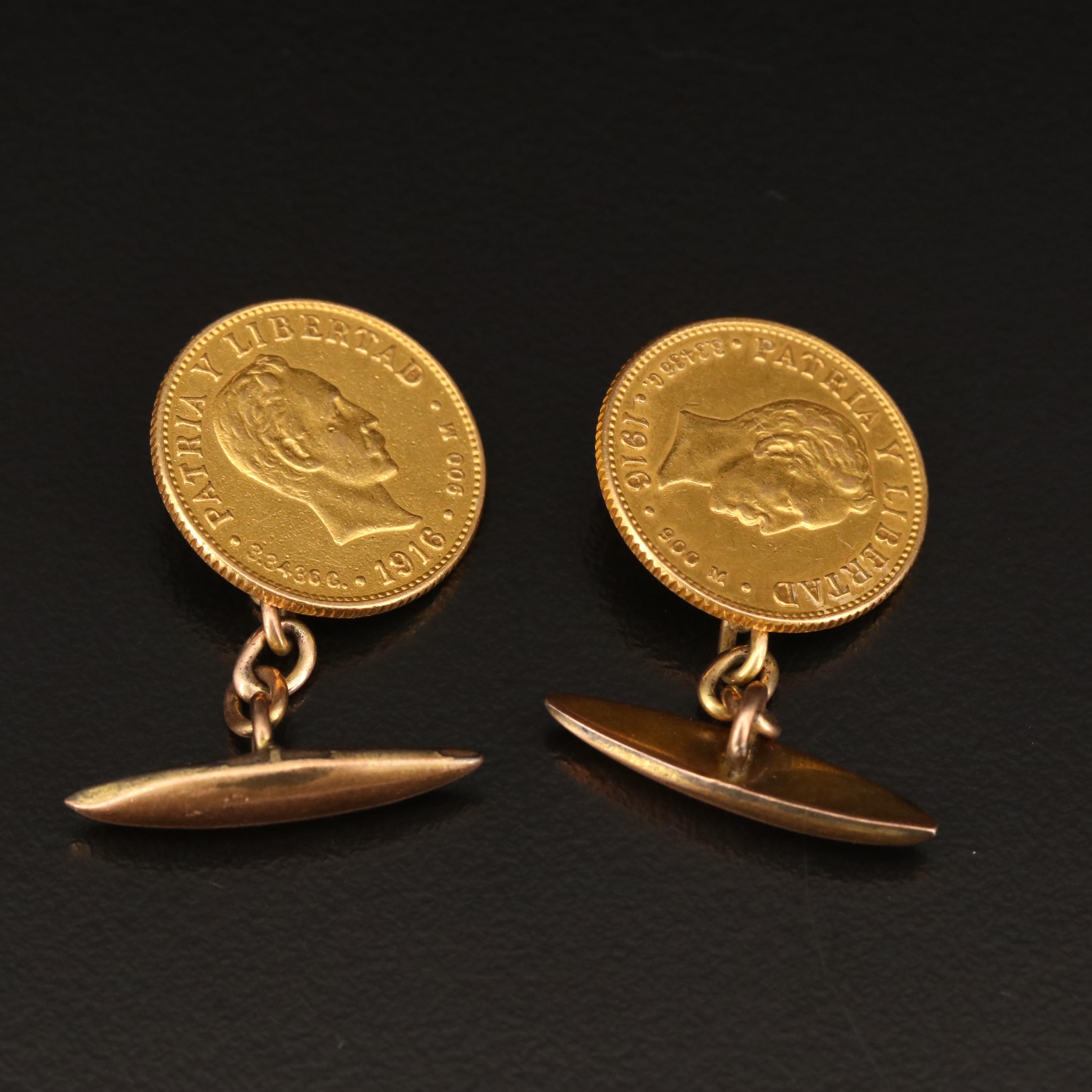 Coin Cufflinks Featuring 1916 Cuban Gold Pesos