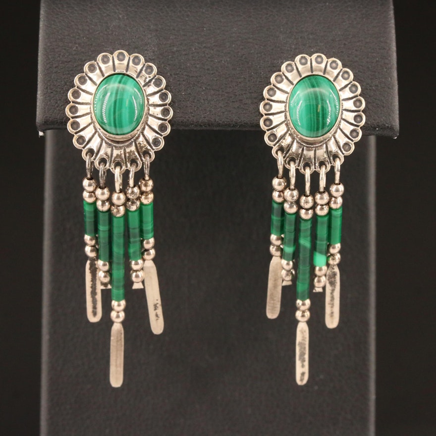 Southwestern Style Sterling Silver Malachite Fringe Earrings