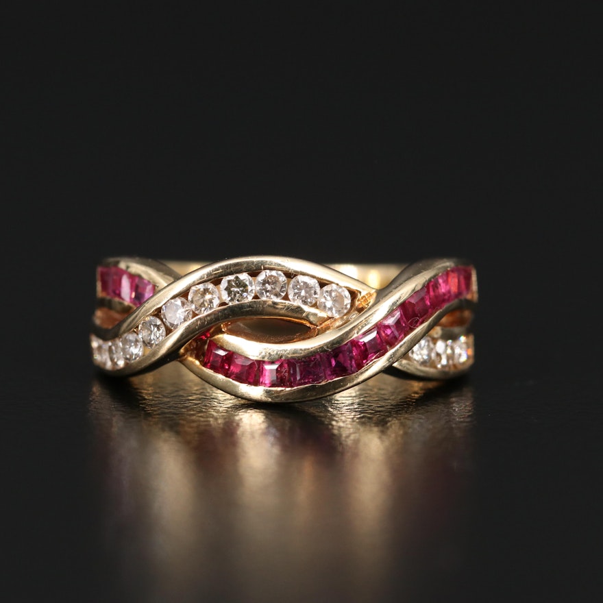 14K Ruby and Diamond Crossover Ring
