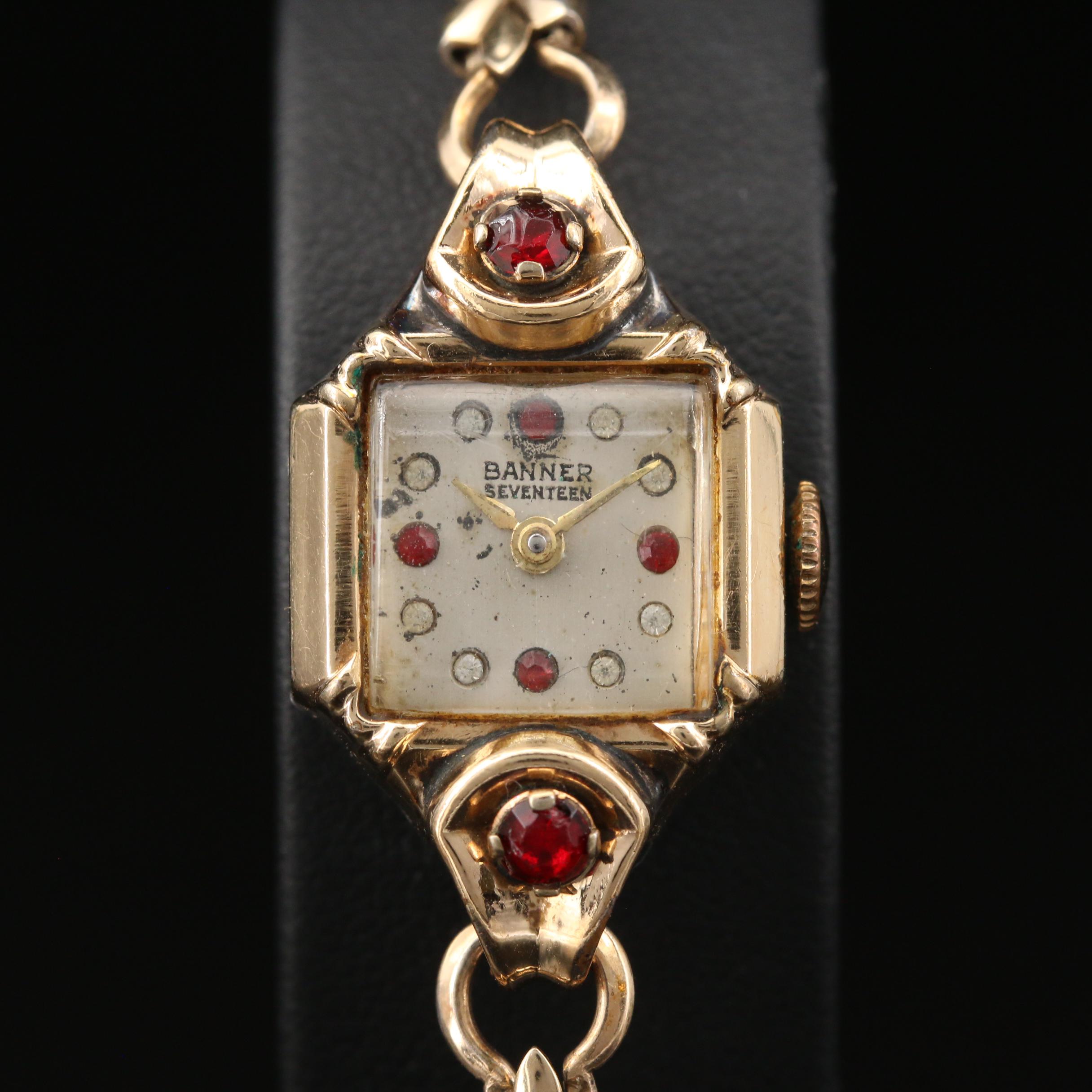 Vintage Banner Stem Wind Watch with Red and White Crystal Accents
