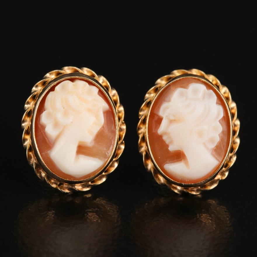 14K Shell Cameo Stud Earrings