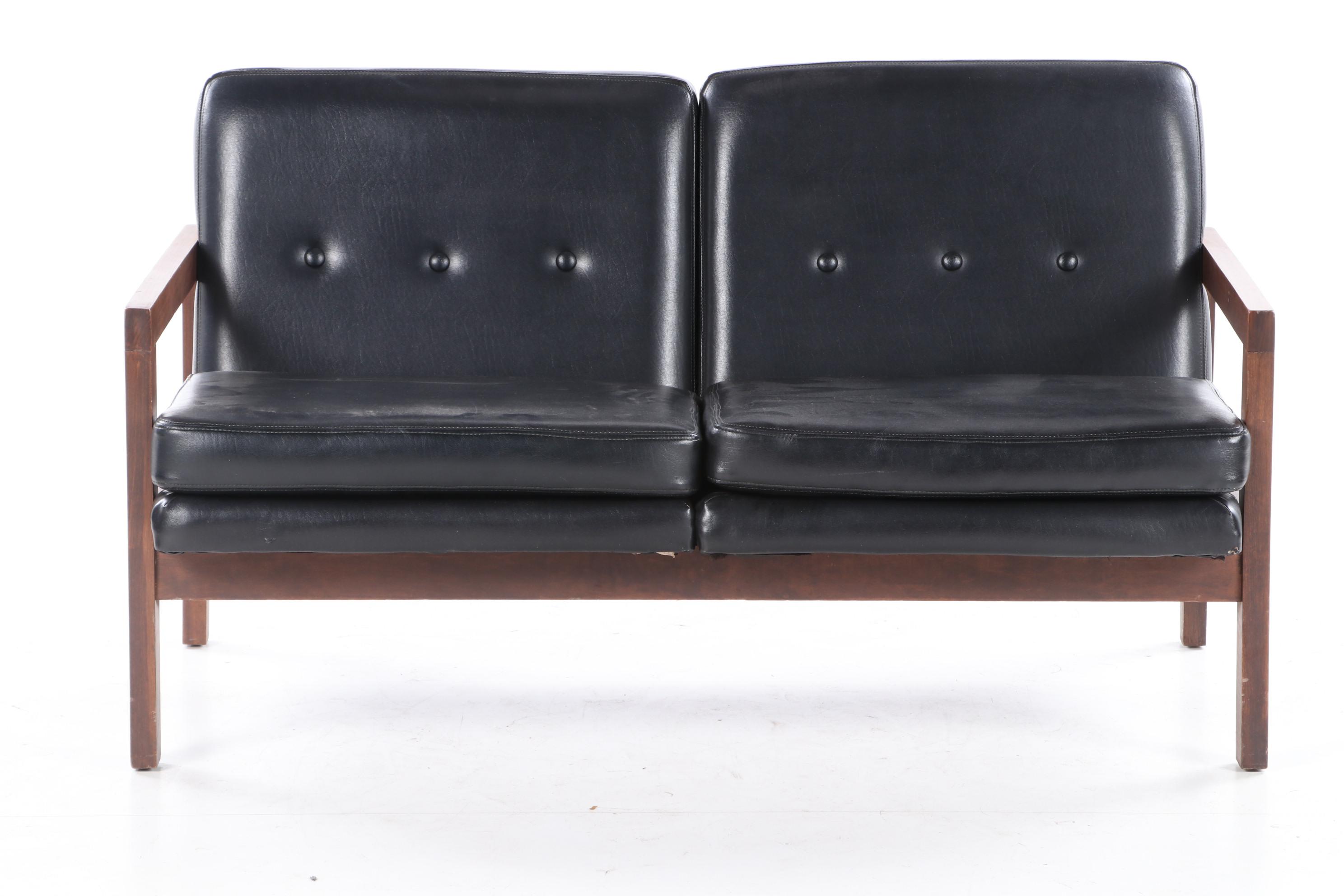 Murphy-Miller Inc. Mid Century Modern Walnut-Stained and Black Vinyl Loveseat