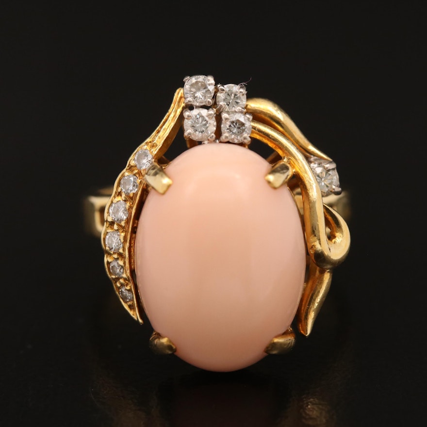 Vintage 18K Coral and Diamond Ring