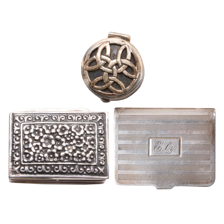 Celtic Knot and Other Sterling Pill Boxes, Early to Mid 20th Century