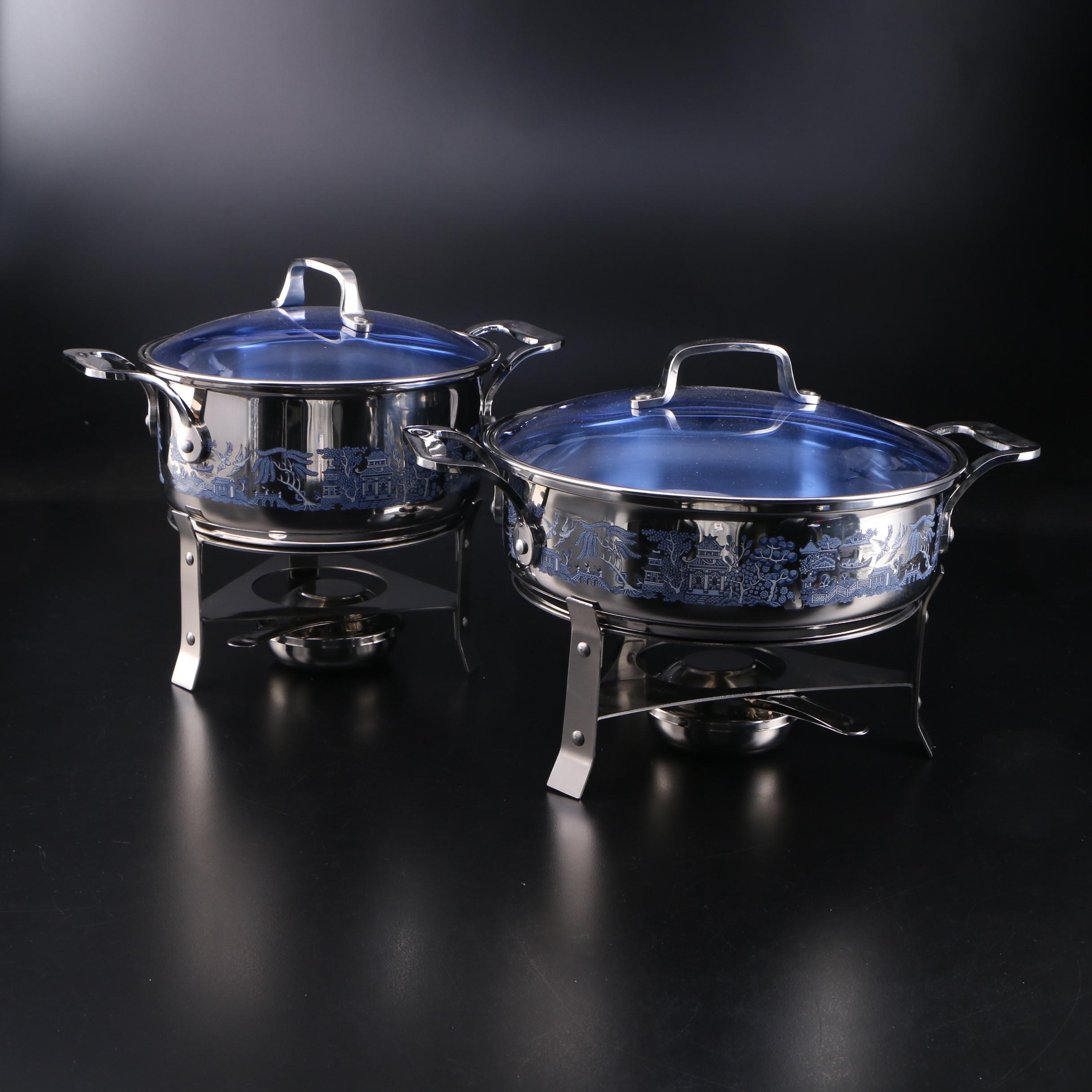 Cuisine Cookware "Blue Willow" Stainless Steel Pots and Warming Stands