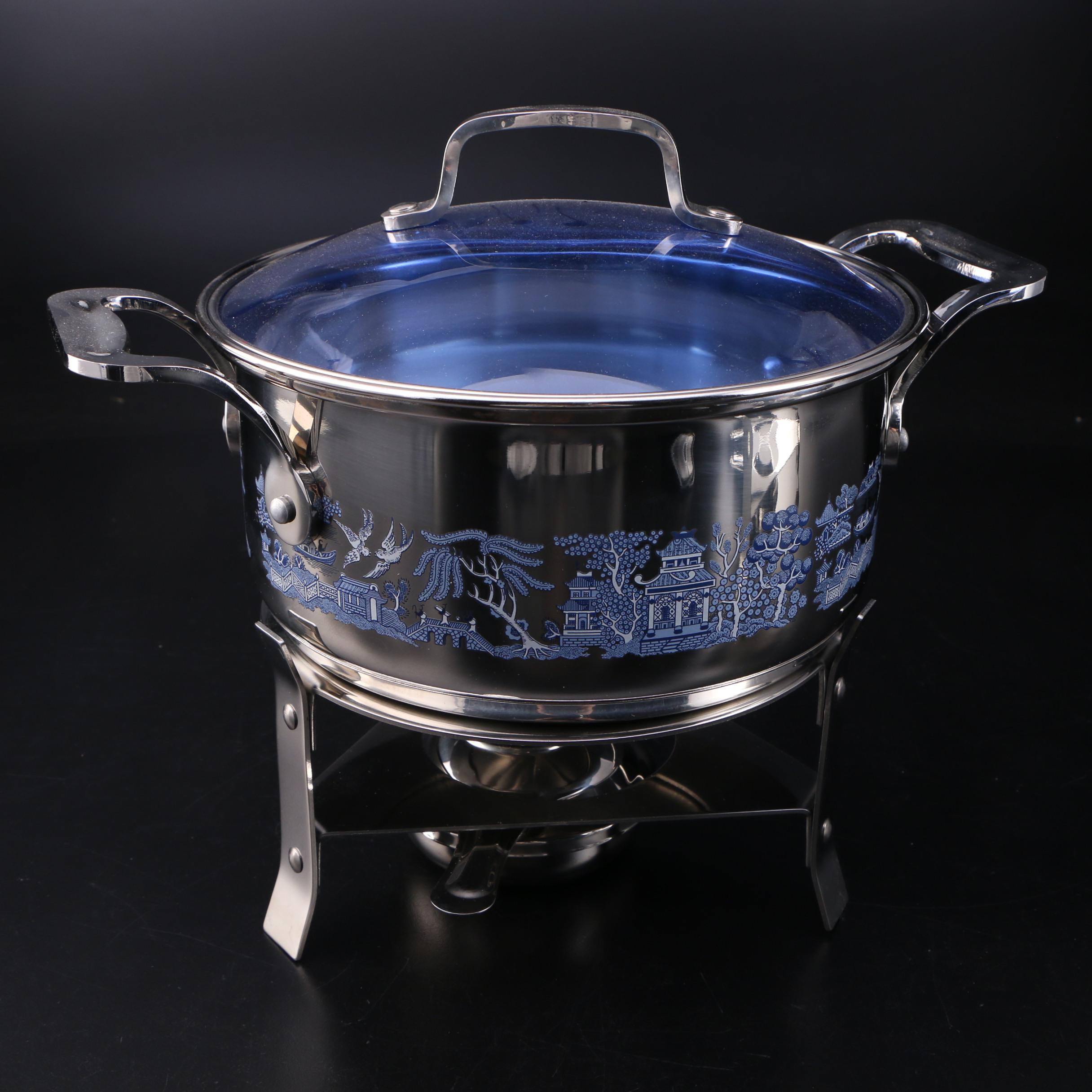 Cuisine Cookware "Blue Willow" Stainless Steel Pots and Warming Stands