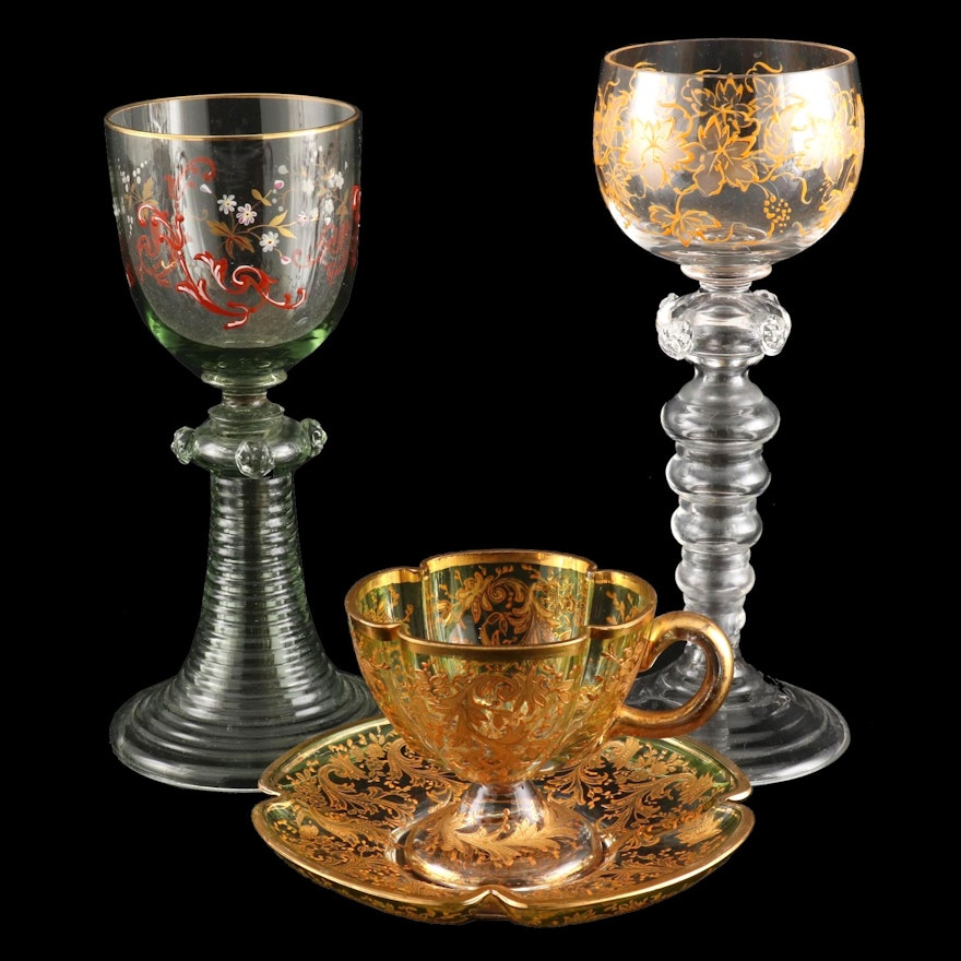 Moser Teacup and Saucer with Bohemian Hock Wine Glasses, Late 19th Century
