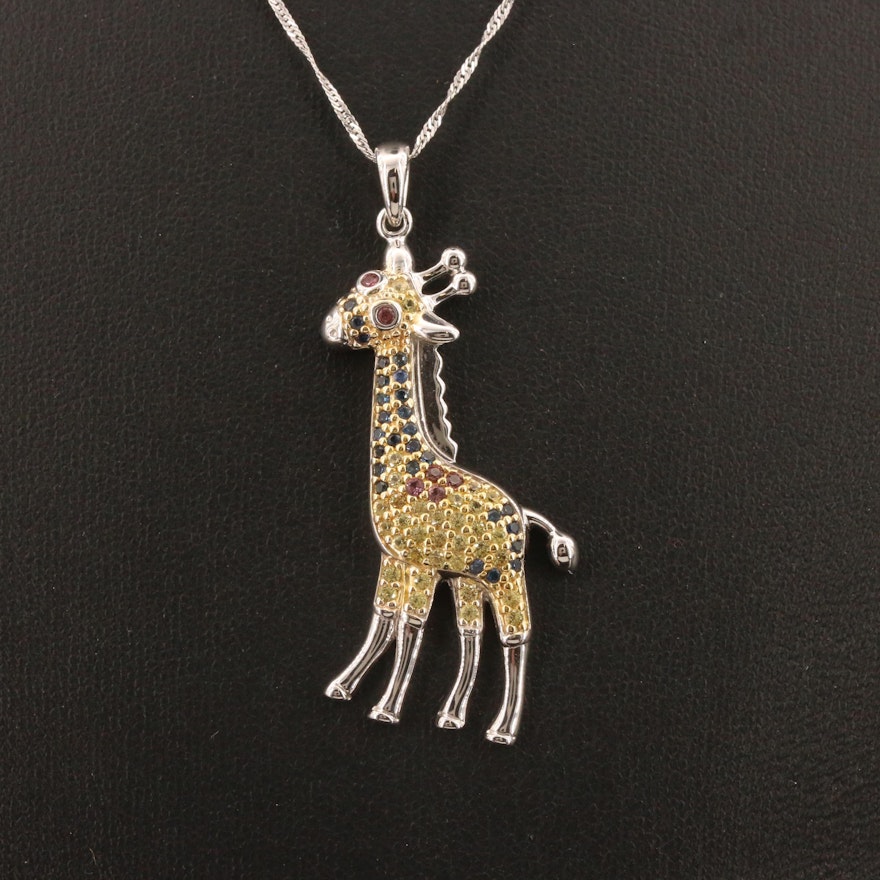 Sterling Silver Sapphire Giraffe Pendant Necklace