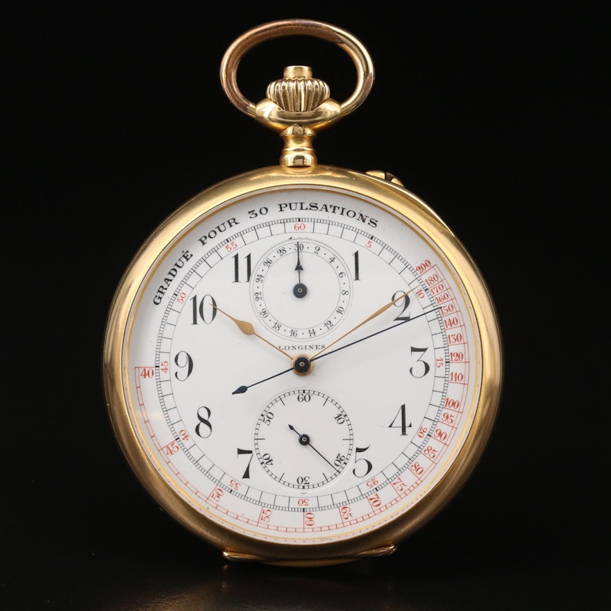 1912 Longines Doctors Chronograph 18K Gold Open Face Pocket Watch