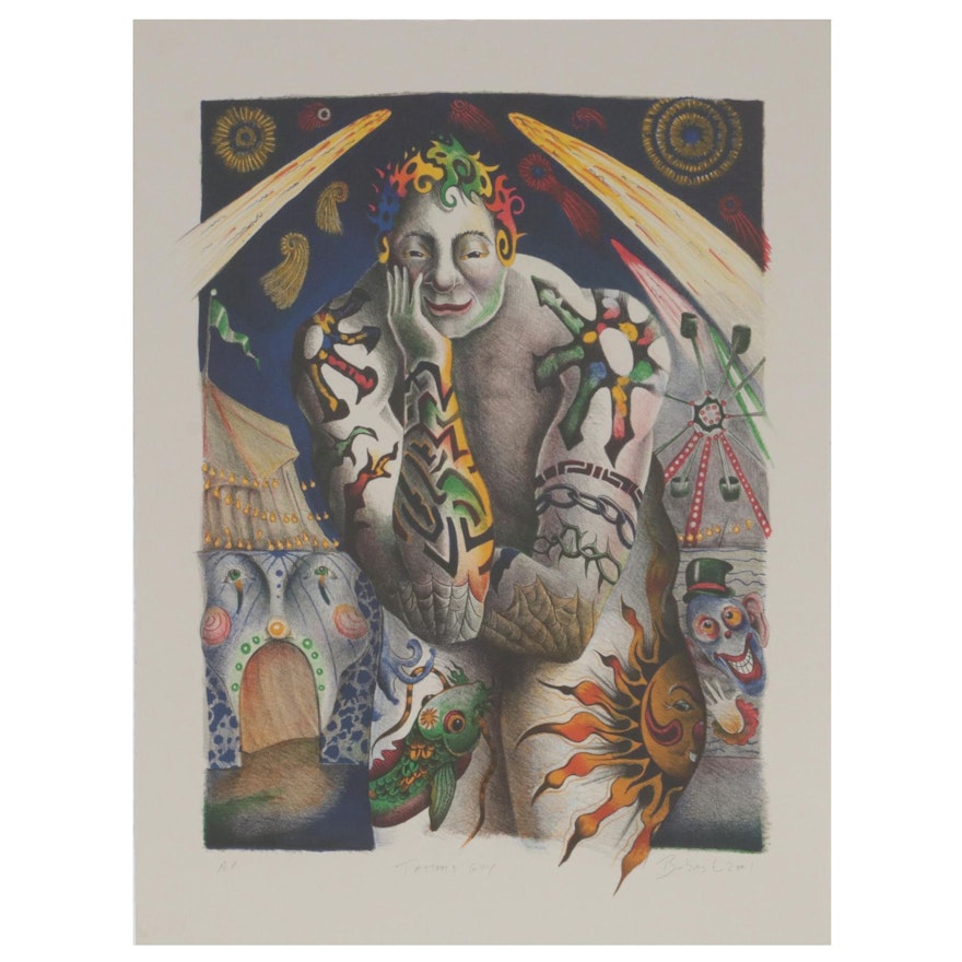 Nick Bubash Color Lithograph "Tattooed Guy", 2001