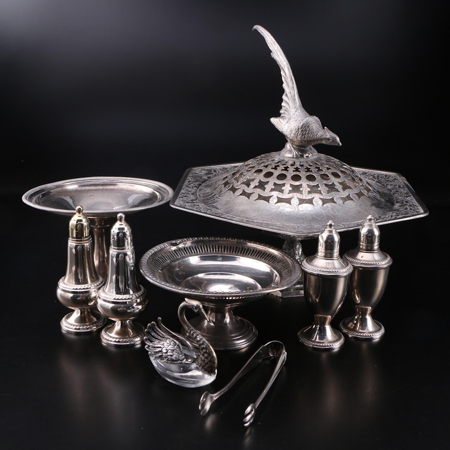 Embossed Silver Plate Potpourri Bowl with Other Sterling Table Accessories