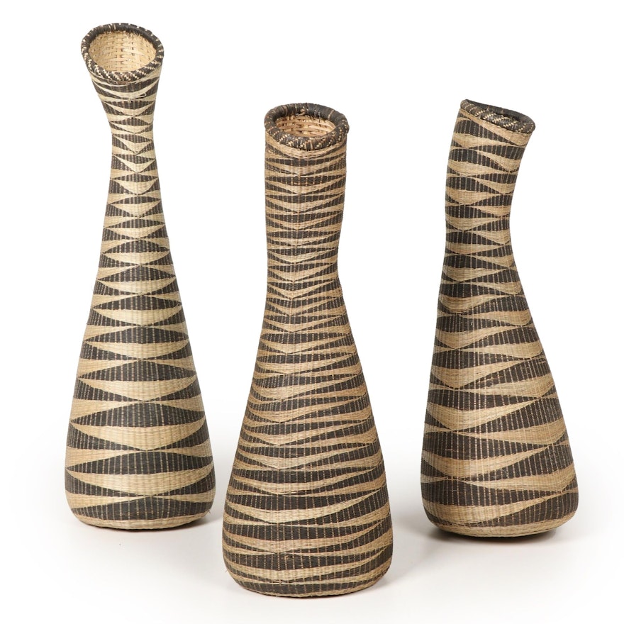 East-Central African Handwoven Patterned Sweetgrass Basket Vases