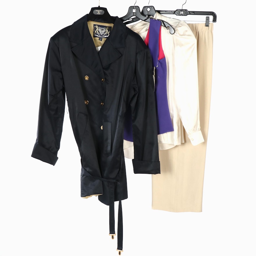 St. John Navy Trench Coat with Silk Blouses and Pants