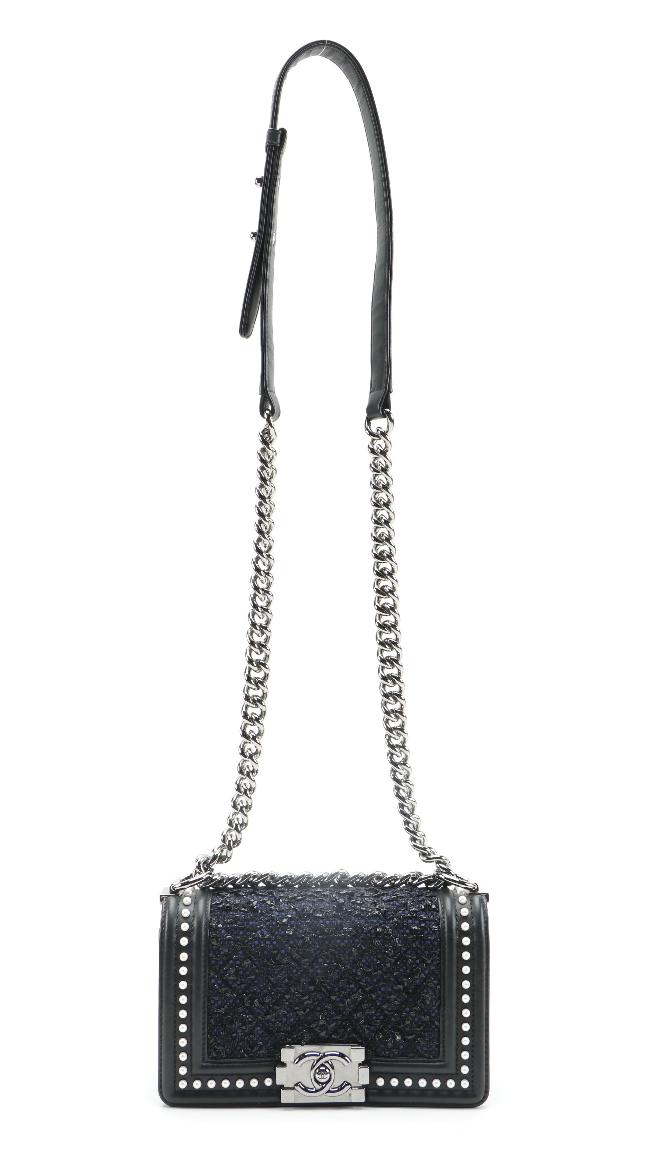 Chanel Small Boy Bag in Navy Tweed and Pearl Embellished Calfskin
