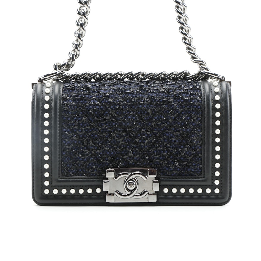 Chanel Small Boy Bag in Navy Tweed and Pearl Embellished Calfskin