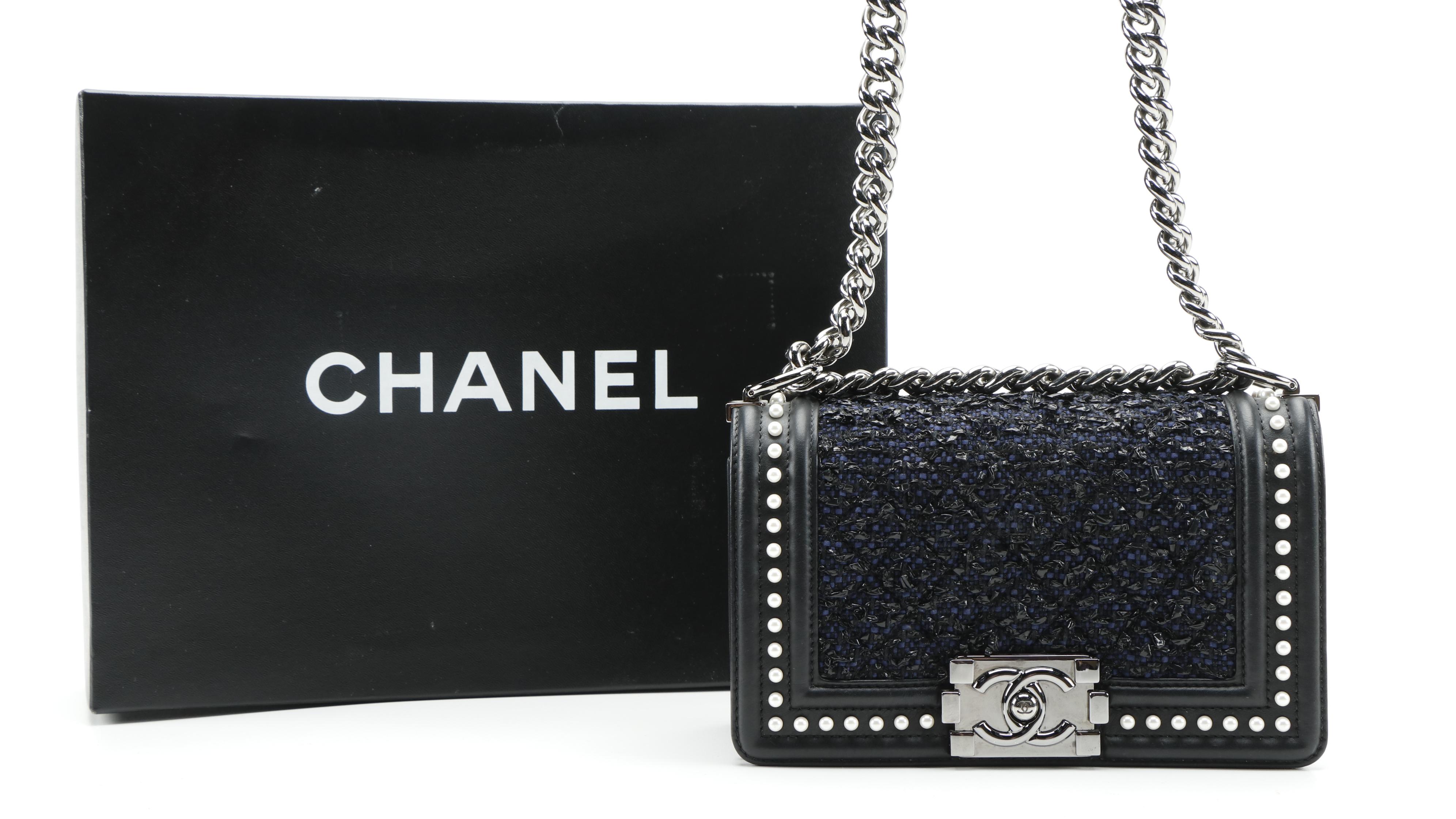 Chanel Small Boy Bag in Navy Tweed and Pearl Embellished Calfskin