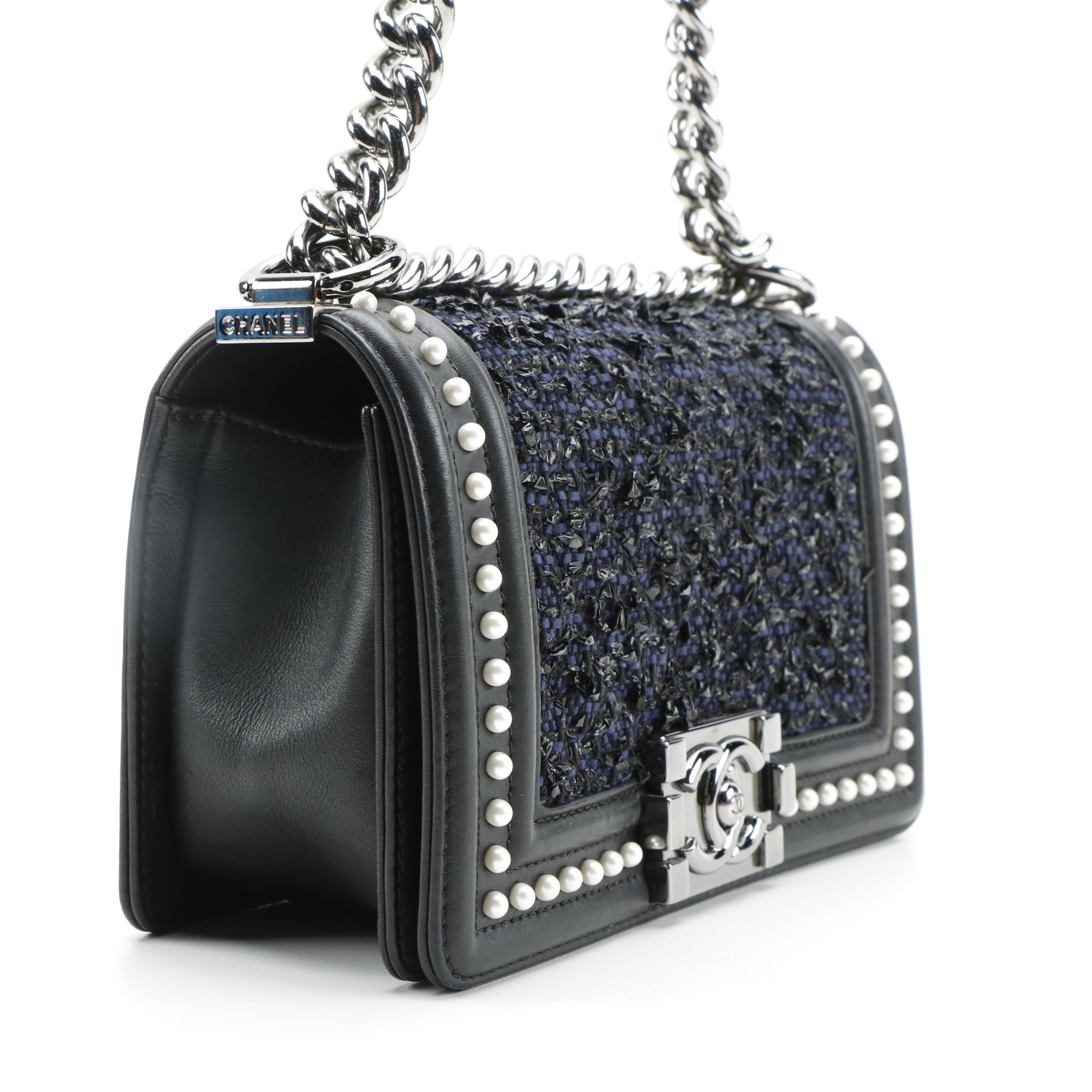 Chanel Small Boy Bag in Navy Tweed and Pearl Embellished Calfskin