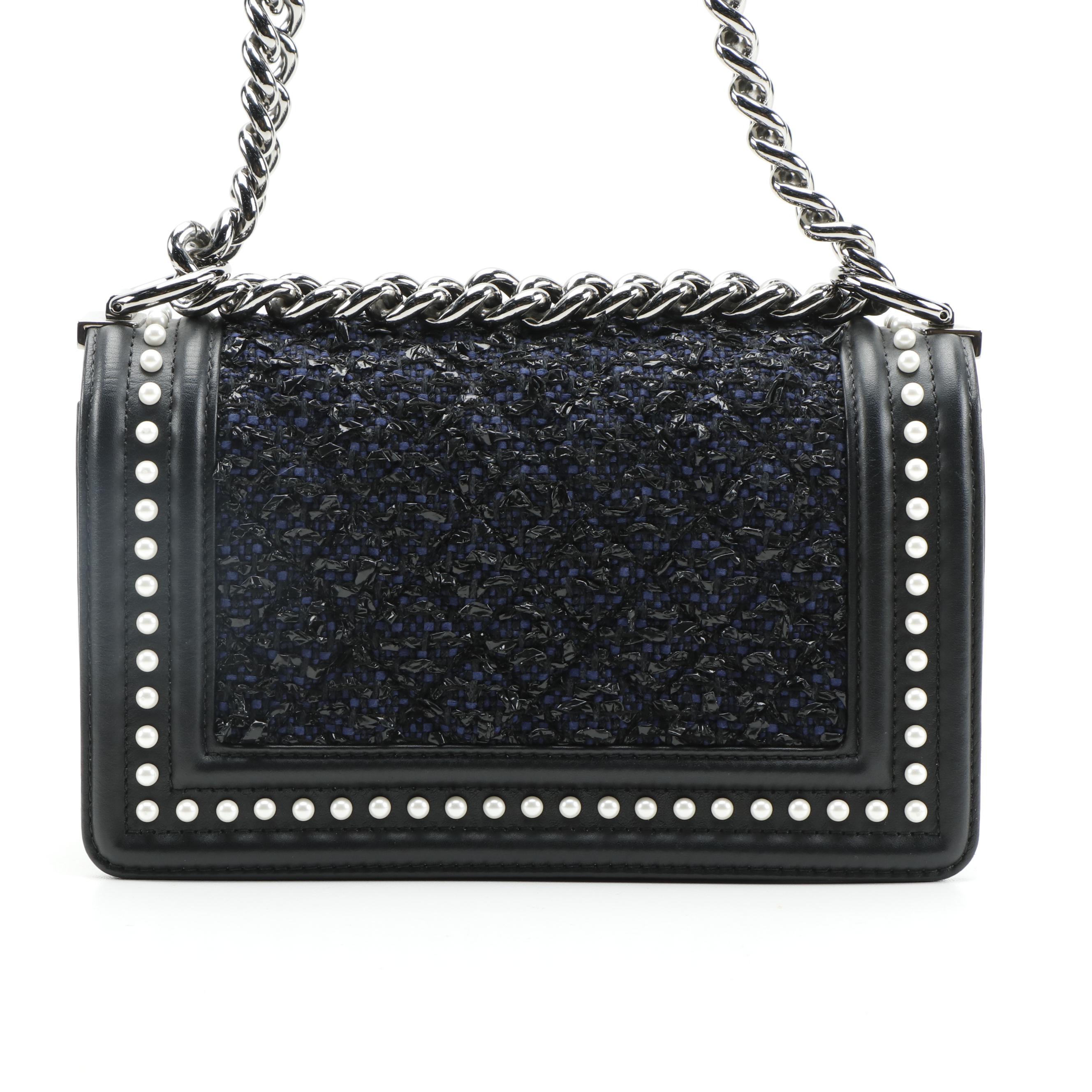 Chanel Small Boy Bag in Navy Tweed and Pearl Embellished Calfskin