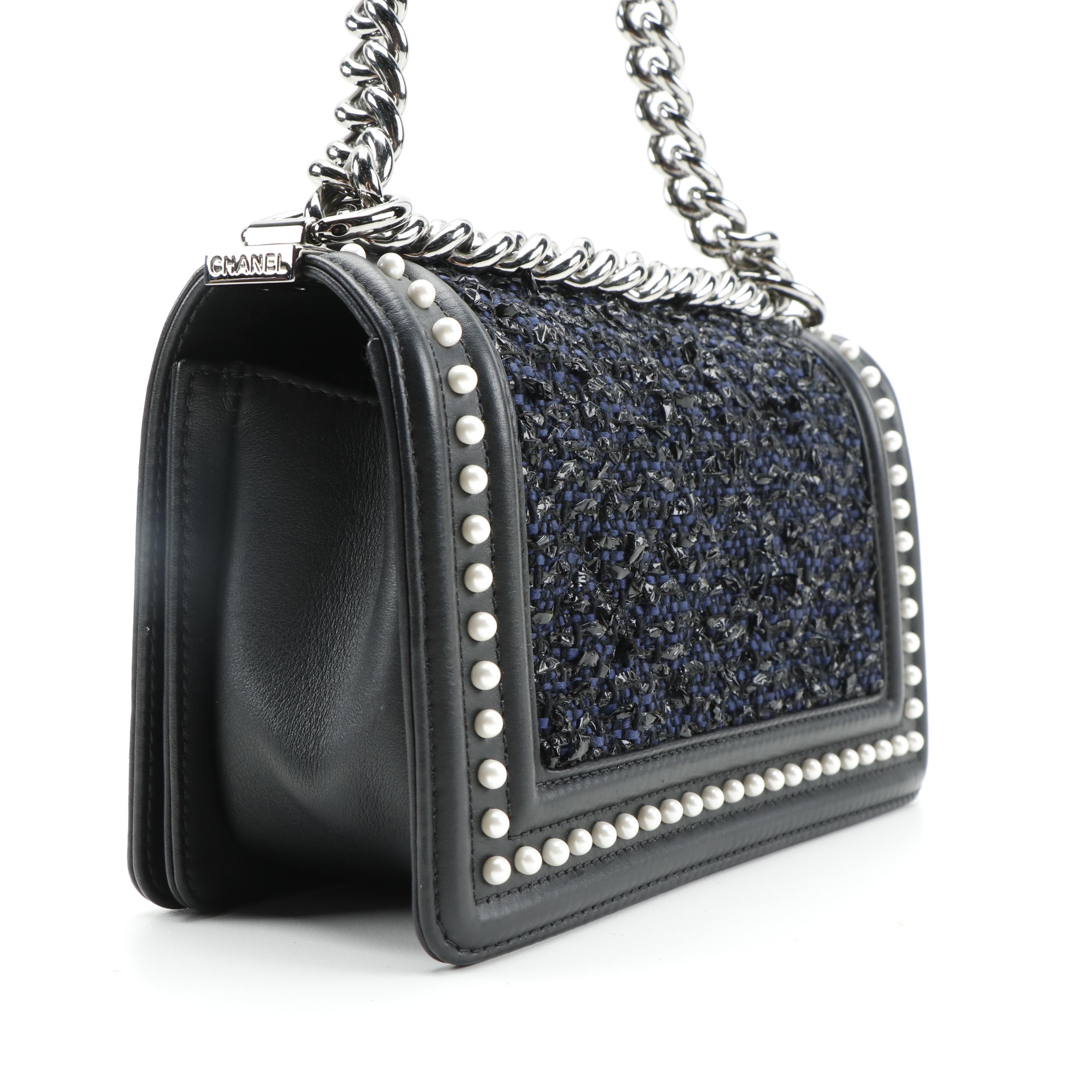 Chanel Small Boy Bag in Navy Tweed and Pearl Embellished Calfskin