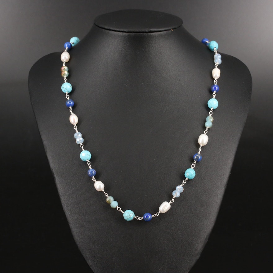 Sterling Silver Pearl, Magnesite and Lapis Lazuli Beaded Necklace