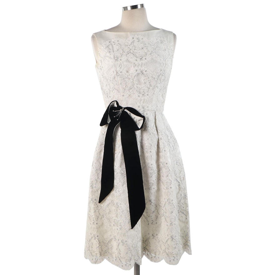 Scalloped Lace Pleated Velvet Bow Dress, Mid-Late 20th Century