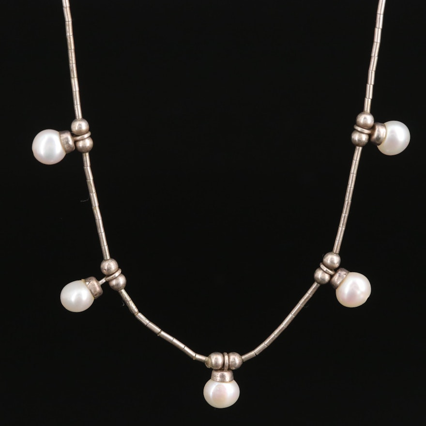 Sterling Silver Pearl Station Necklace