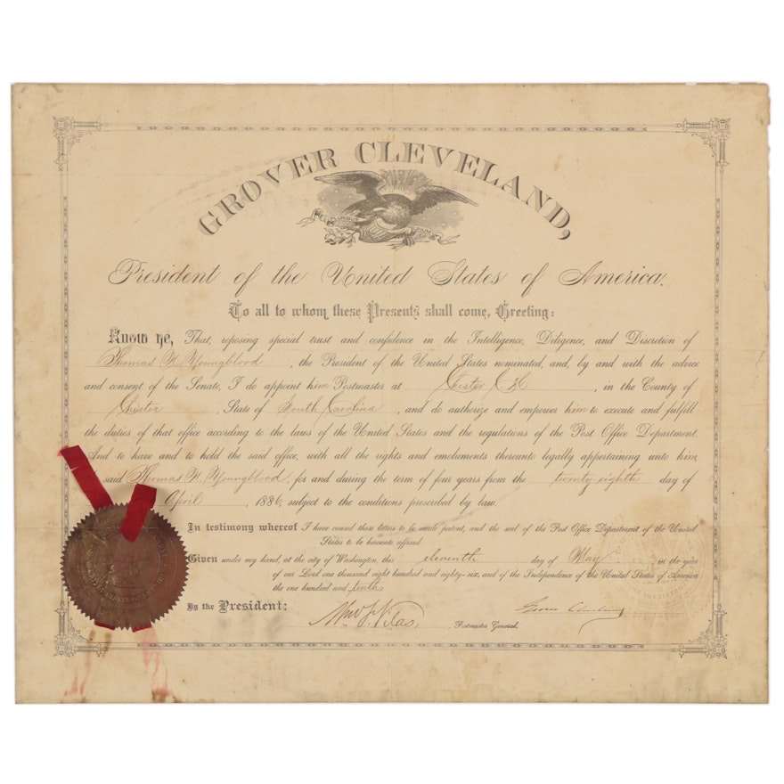 1886 Grover Cleveland Era Postmaster Appointment Document