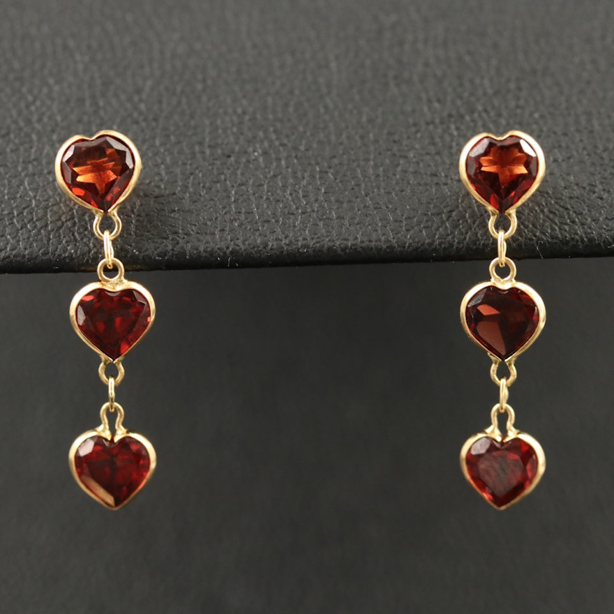 18K Heart Faceted Garnet Drop Earrings