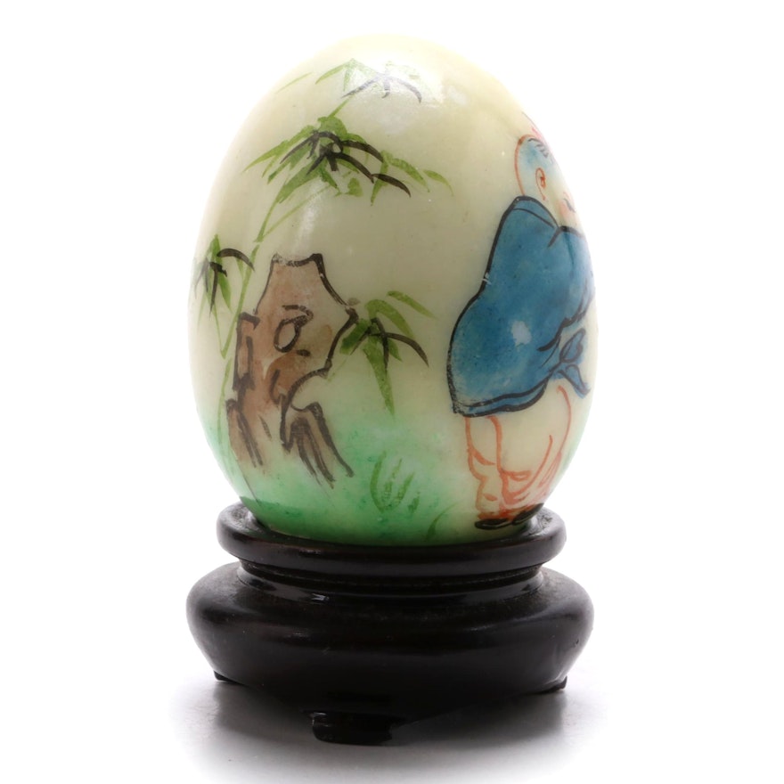 Chinese Hand-Painted Stone Egg with Wooden Base, Late 20th Century